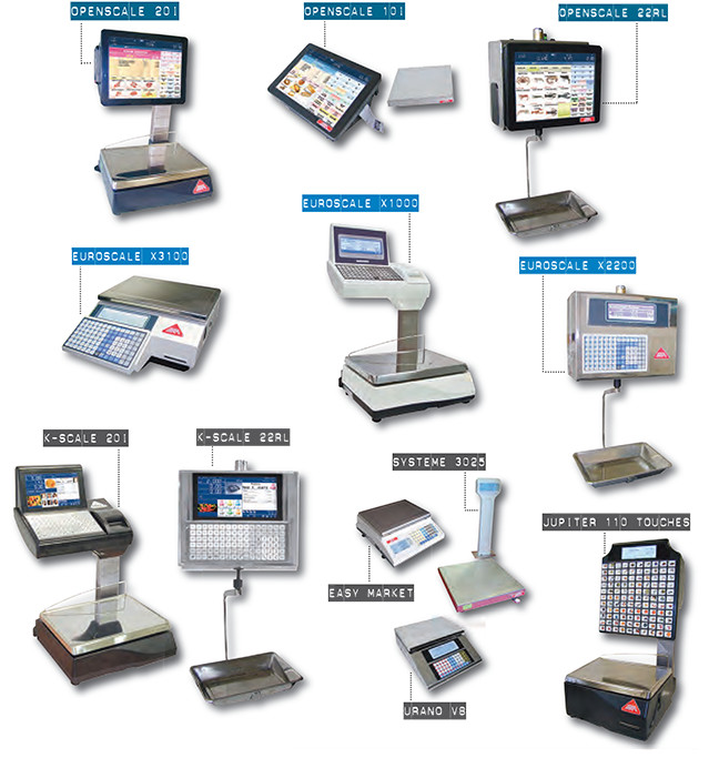 OpenScale 20I, OpenScale 10I, OpenScale 22RL, EuroScale X3100, EuroScale x1000, EuroScale X220, K-Scale 20I, K-Scale 22RL, Système 3025, Jupiter 110 touches, Easy Market, Urano V8
