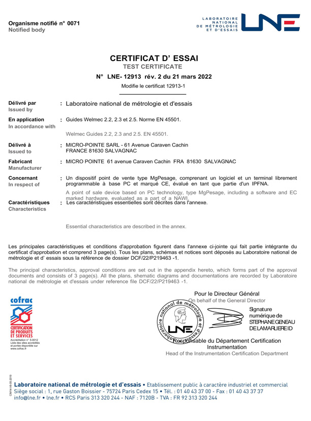 Certificat LNE 12913